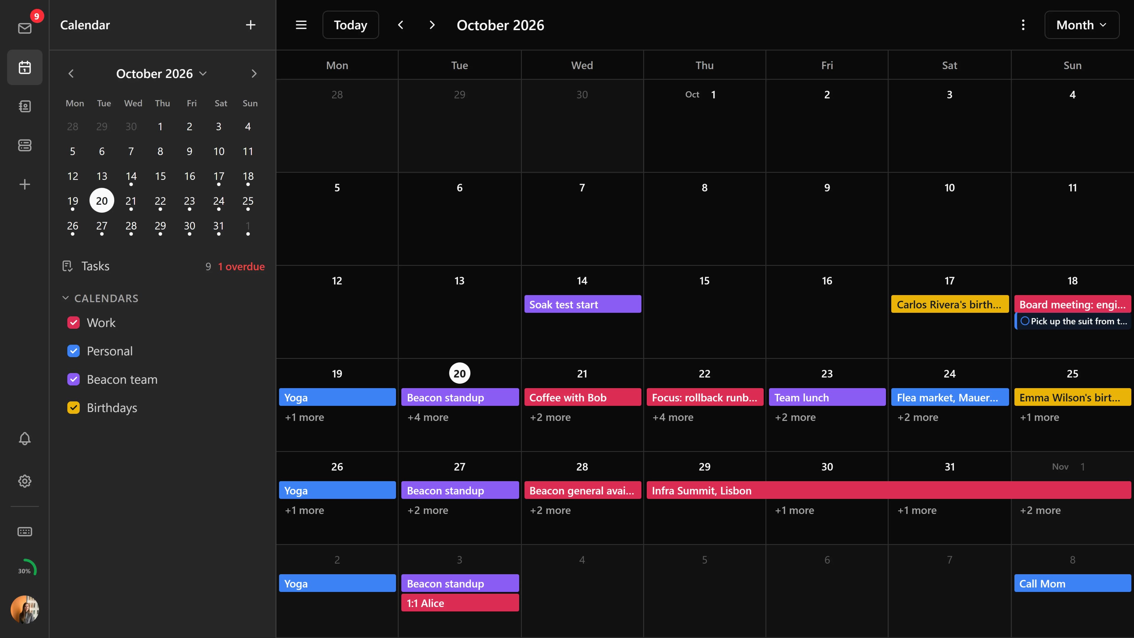 The calendar in month view with several events