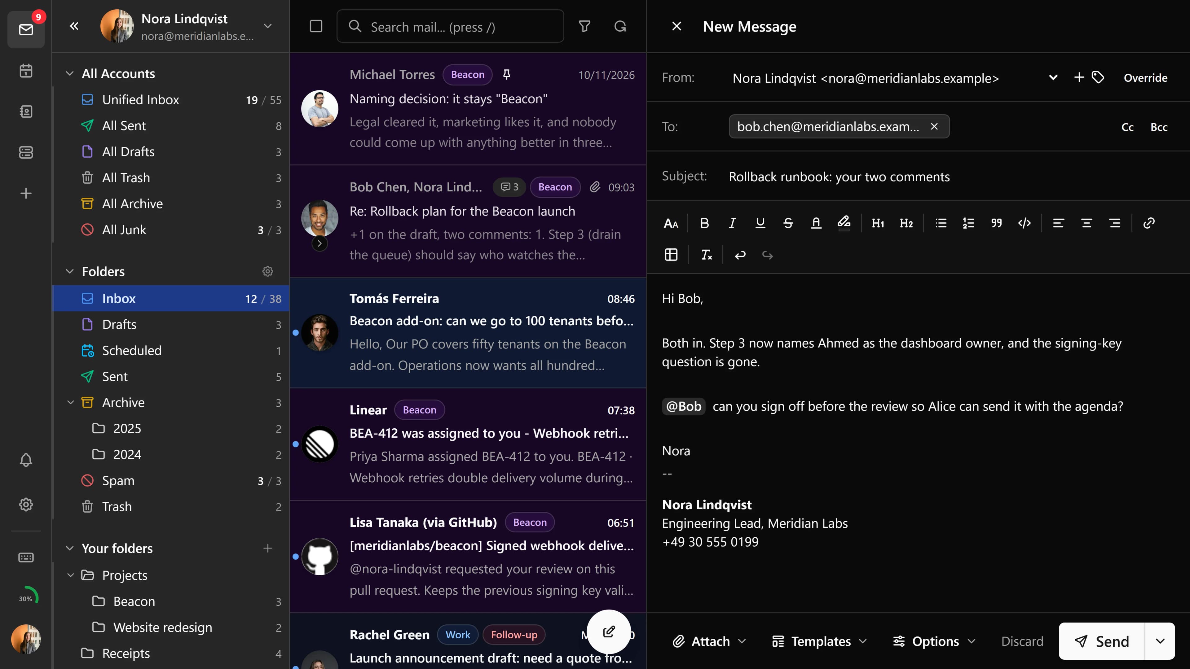 The composer with a draft open over the inbox