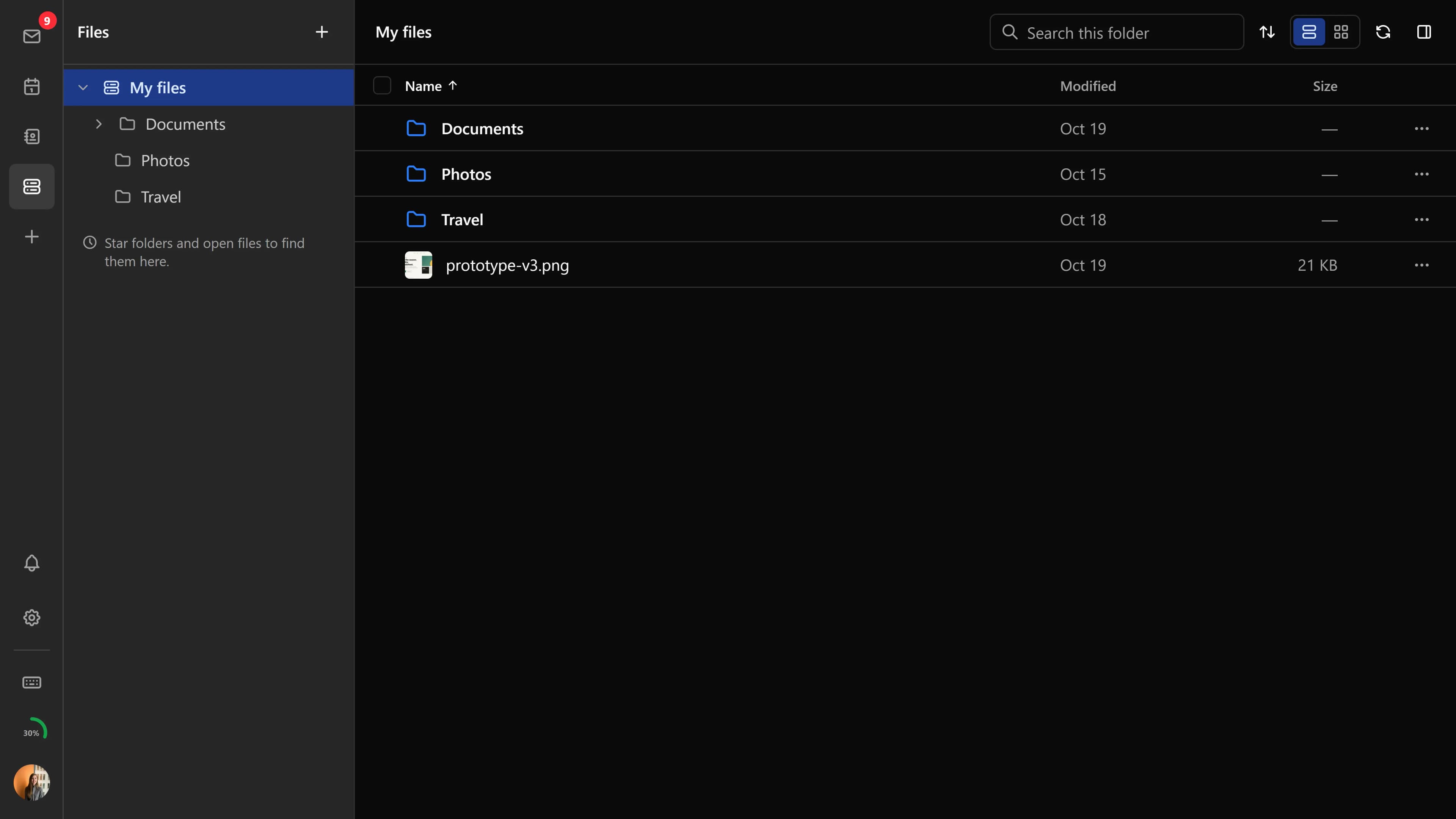 The files list with folders and documents