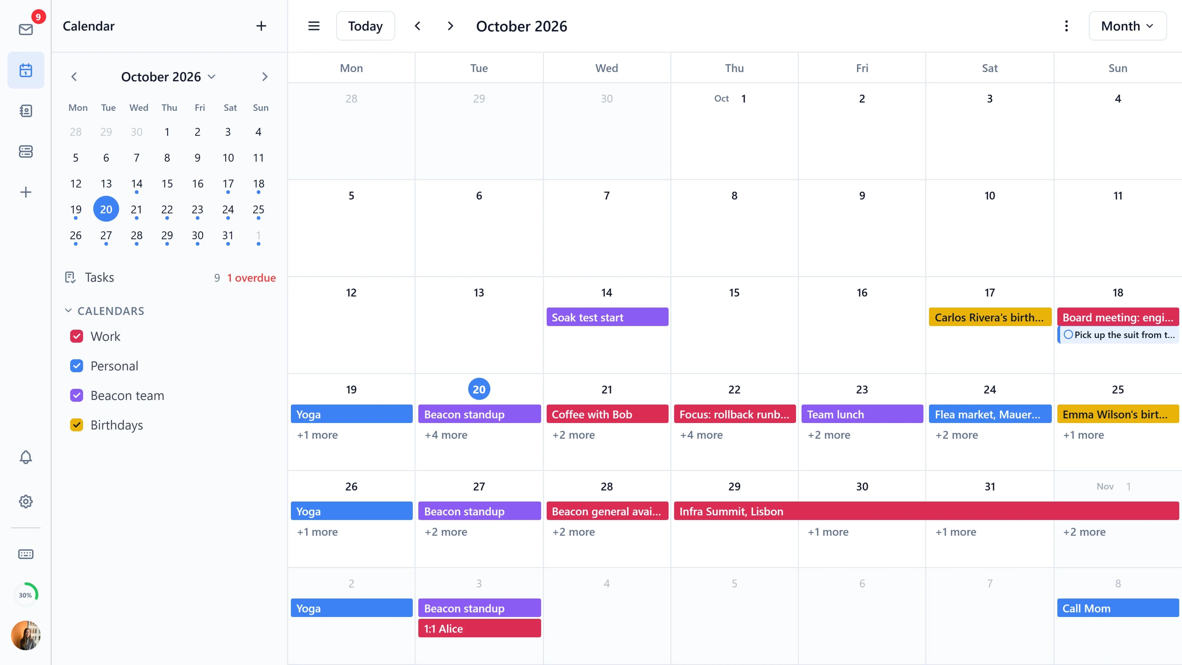 The calendar in month view with several events