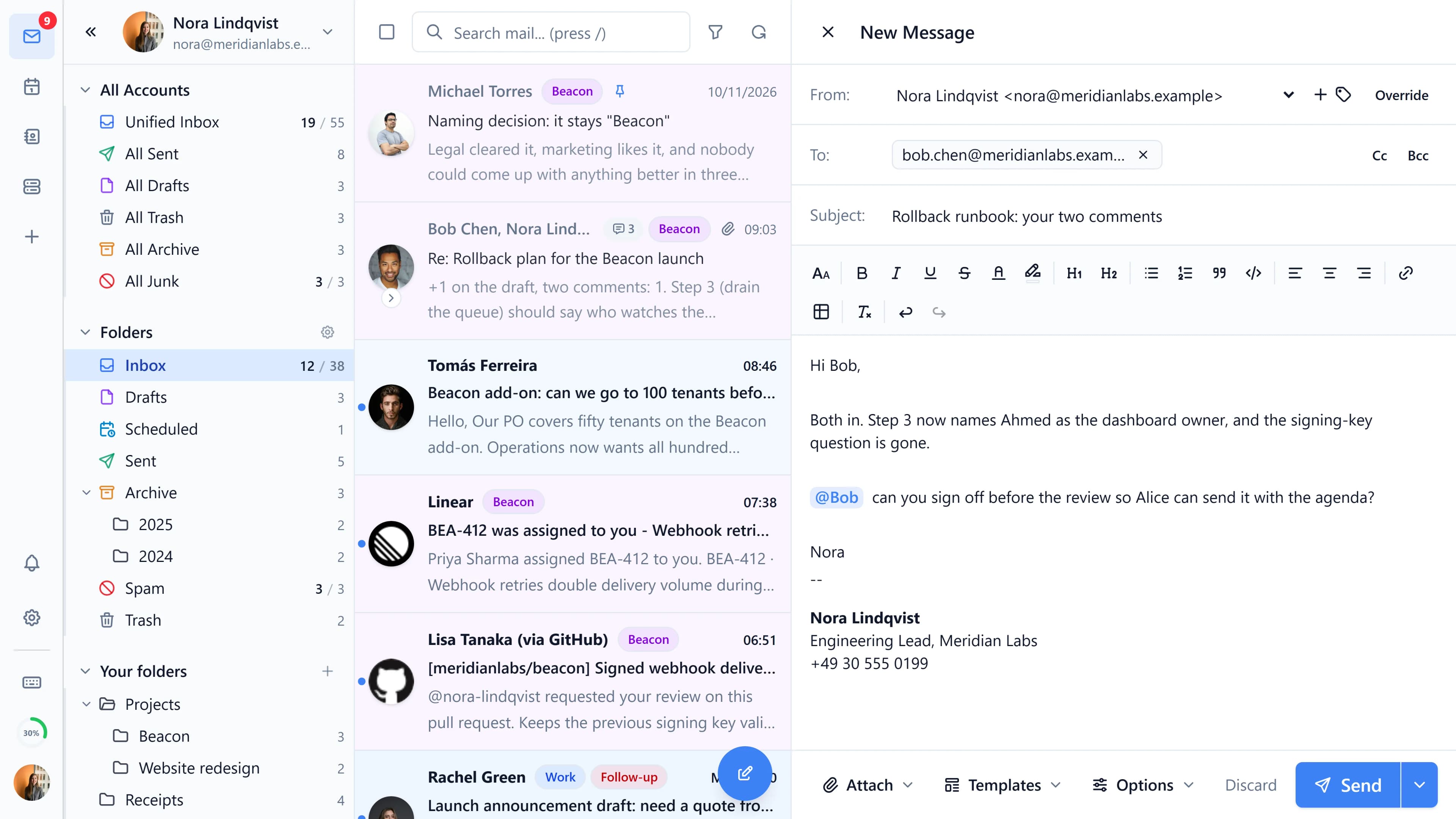 The composer with a draft open over the inbox