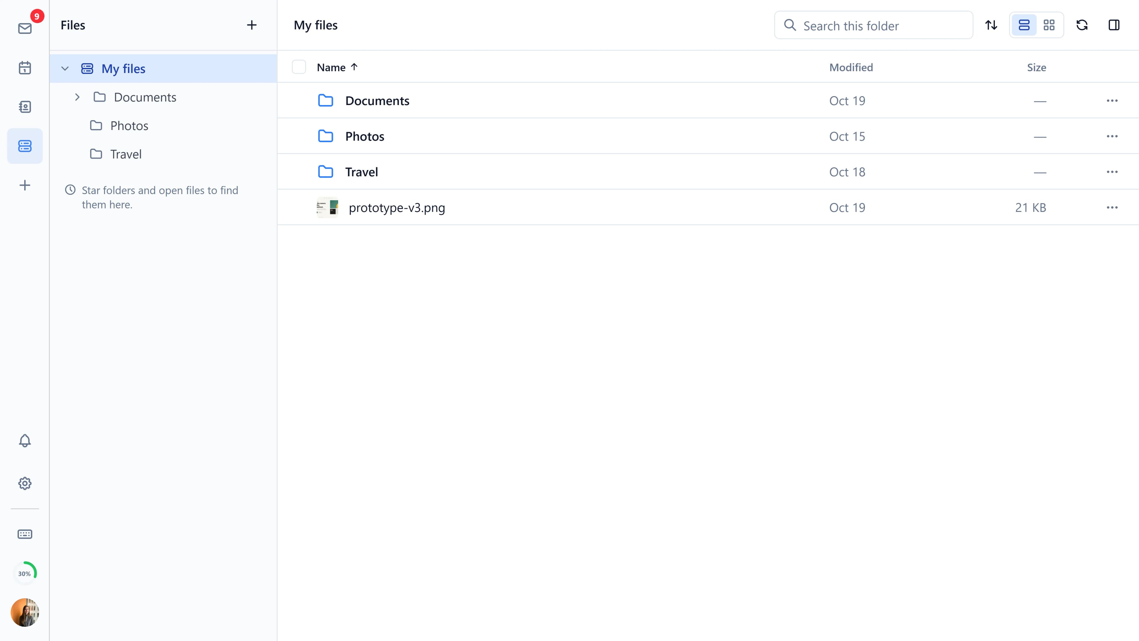 The files list with folders and documents