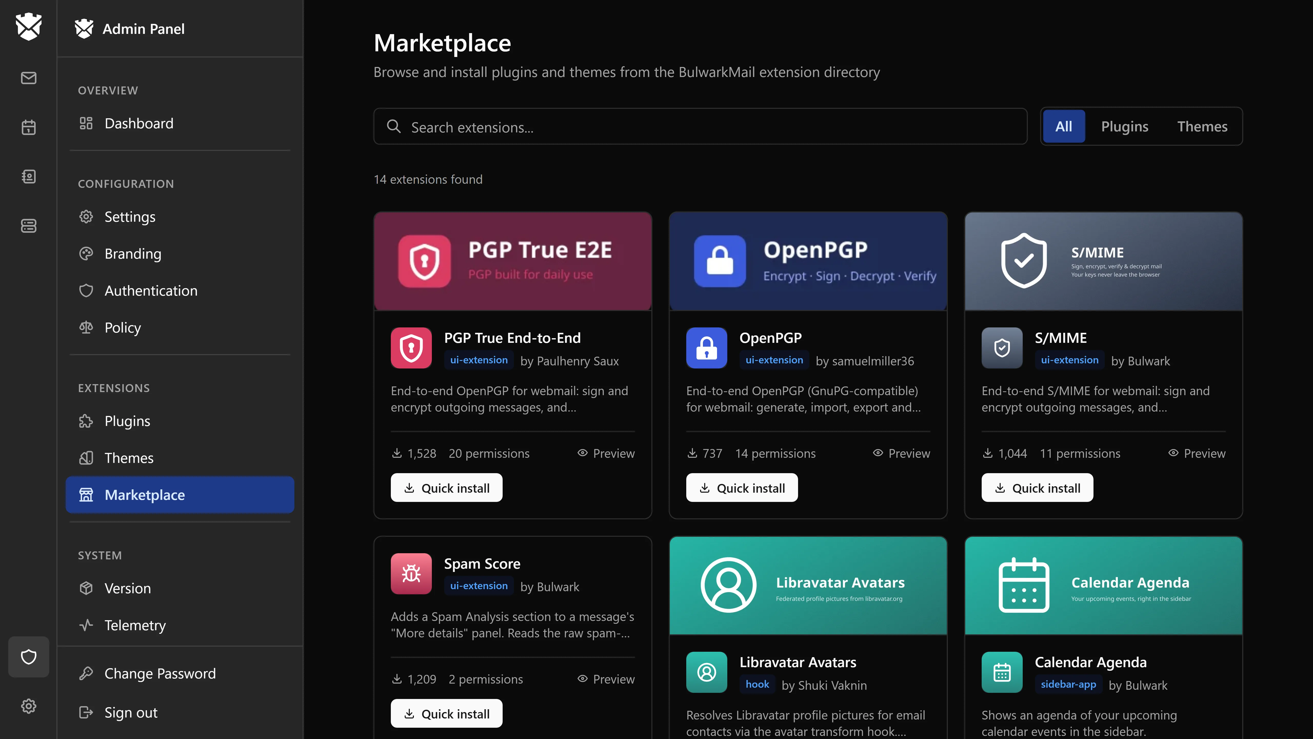 The marketplace in the admin dashboard