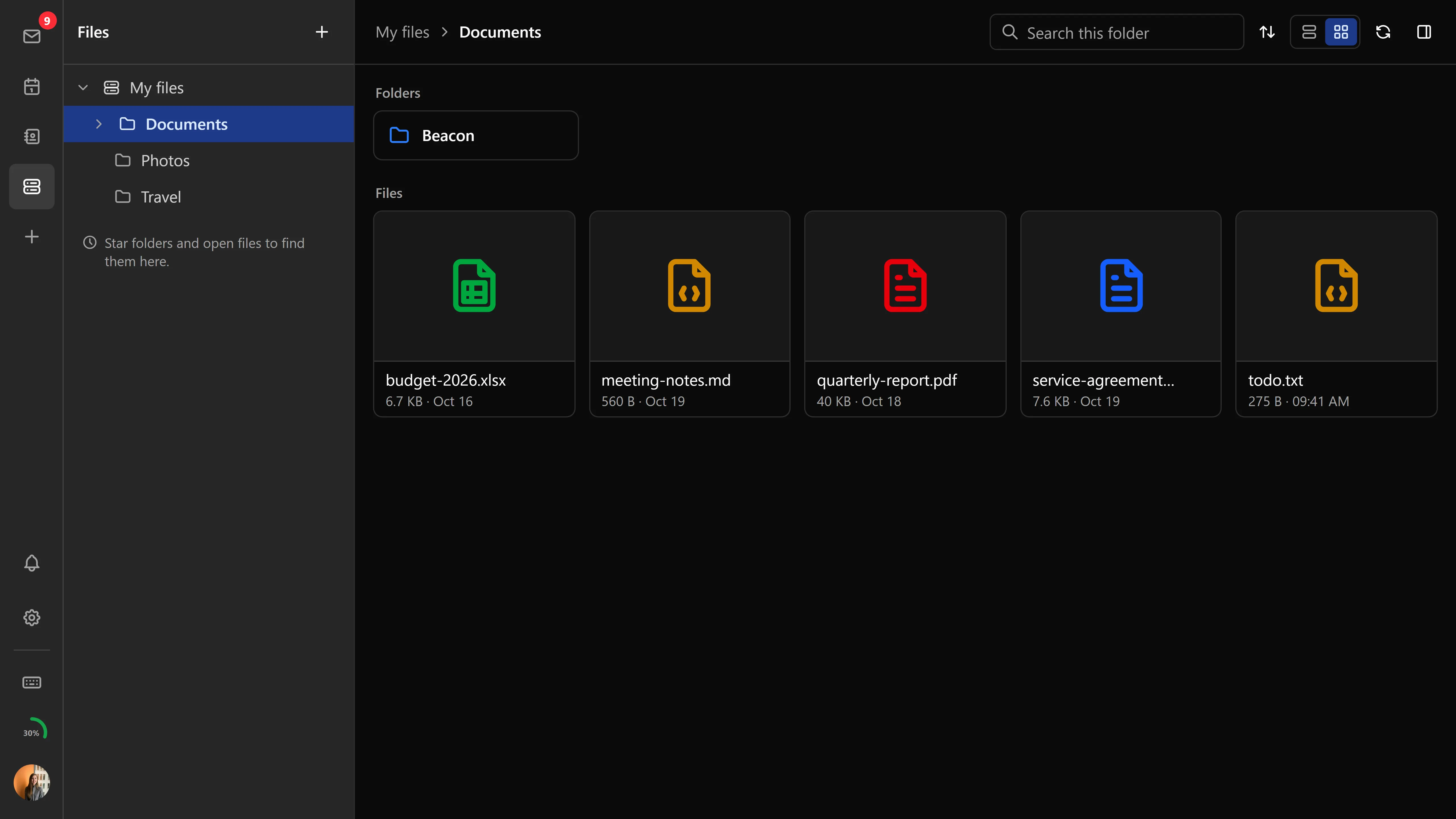 The file browser in grid view
