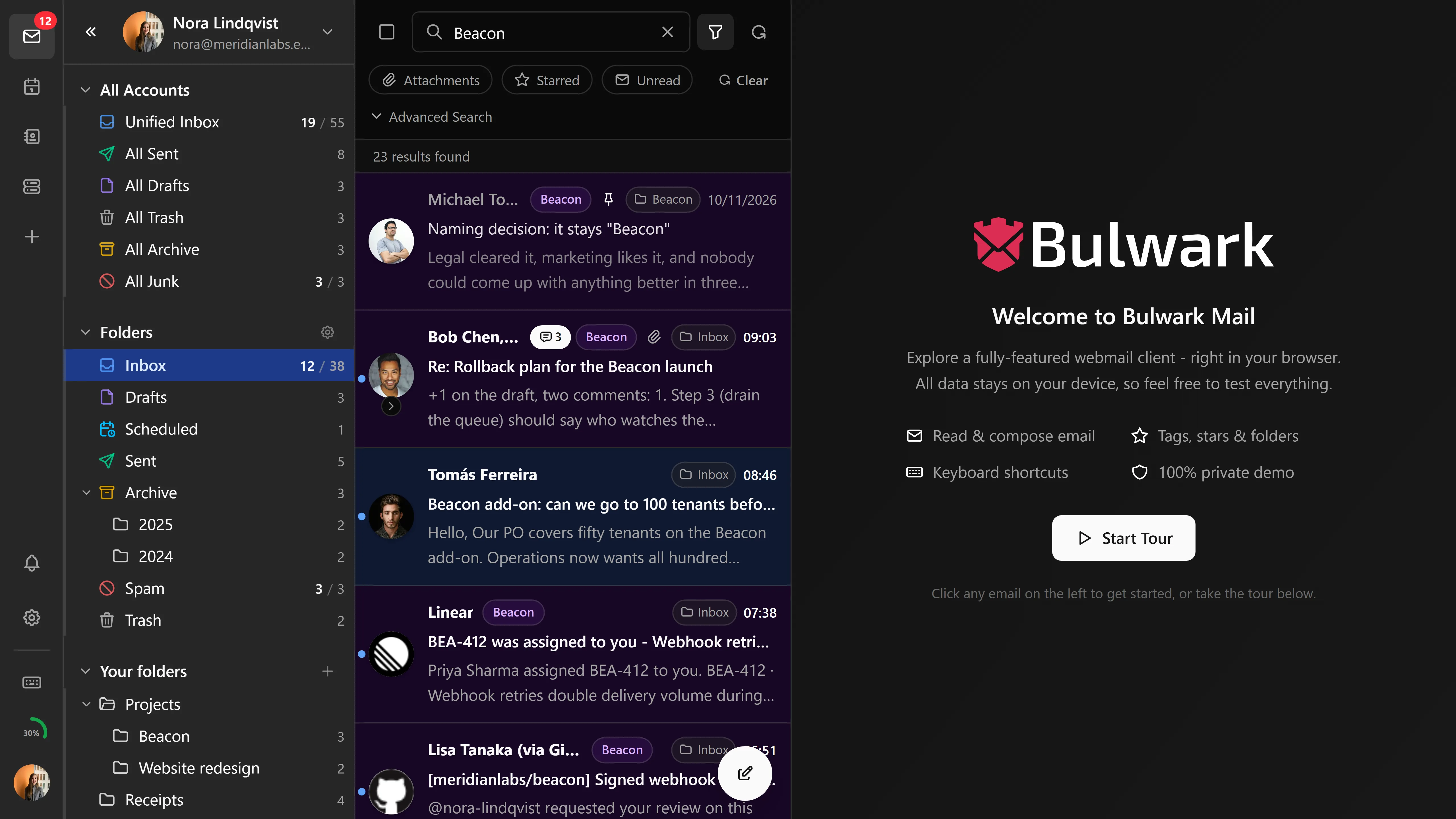 The advanced search panel over the results