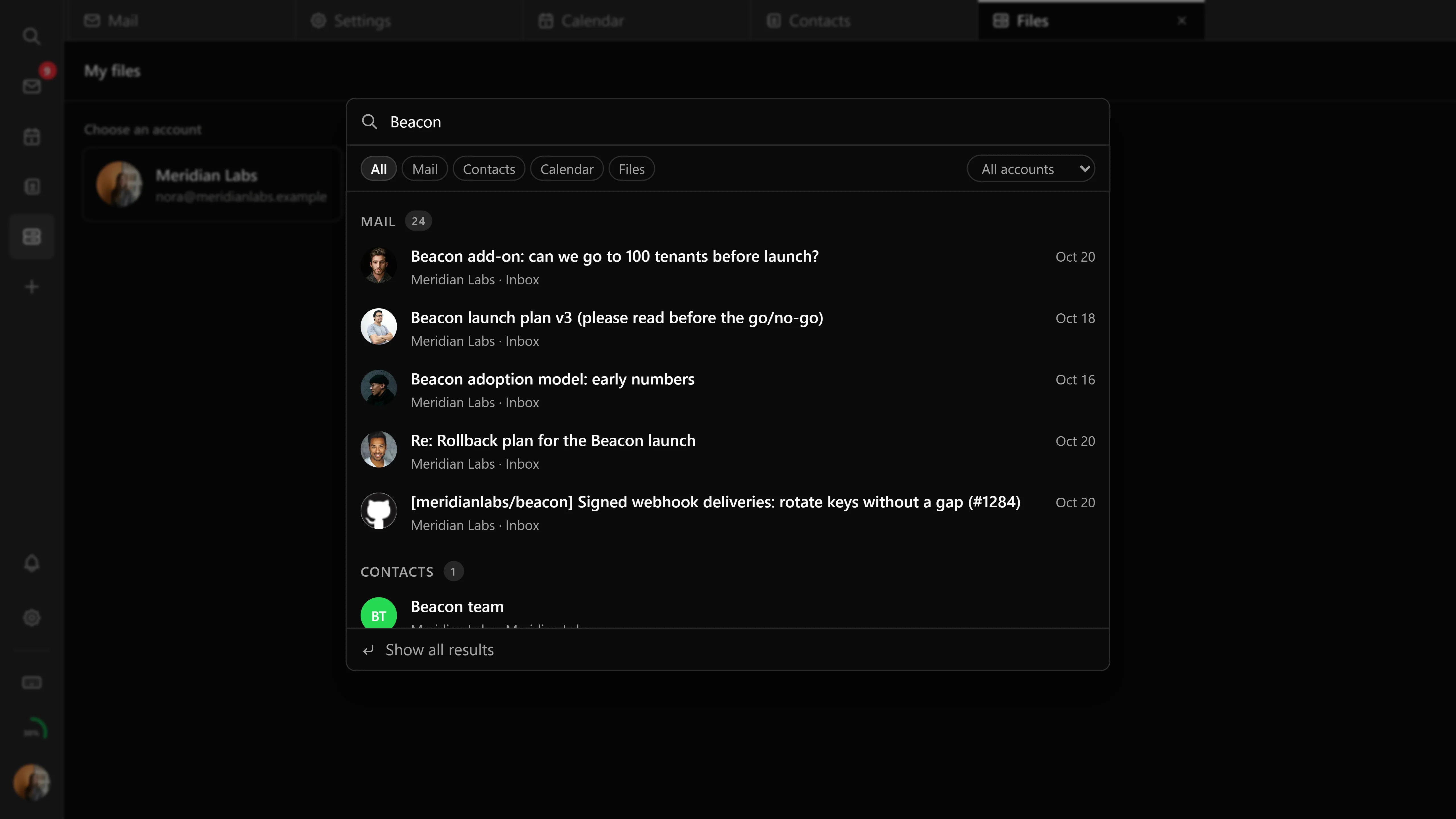 The global search palette in the Pro interface