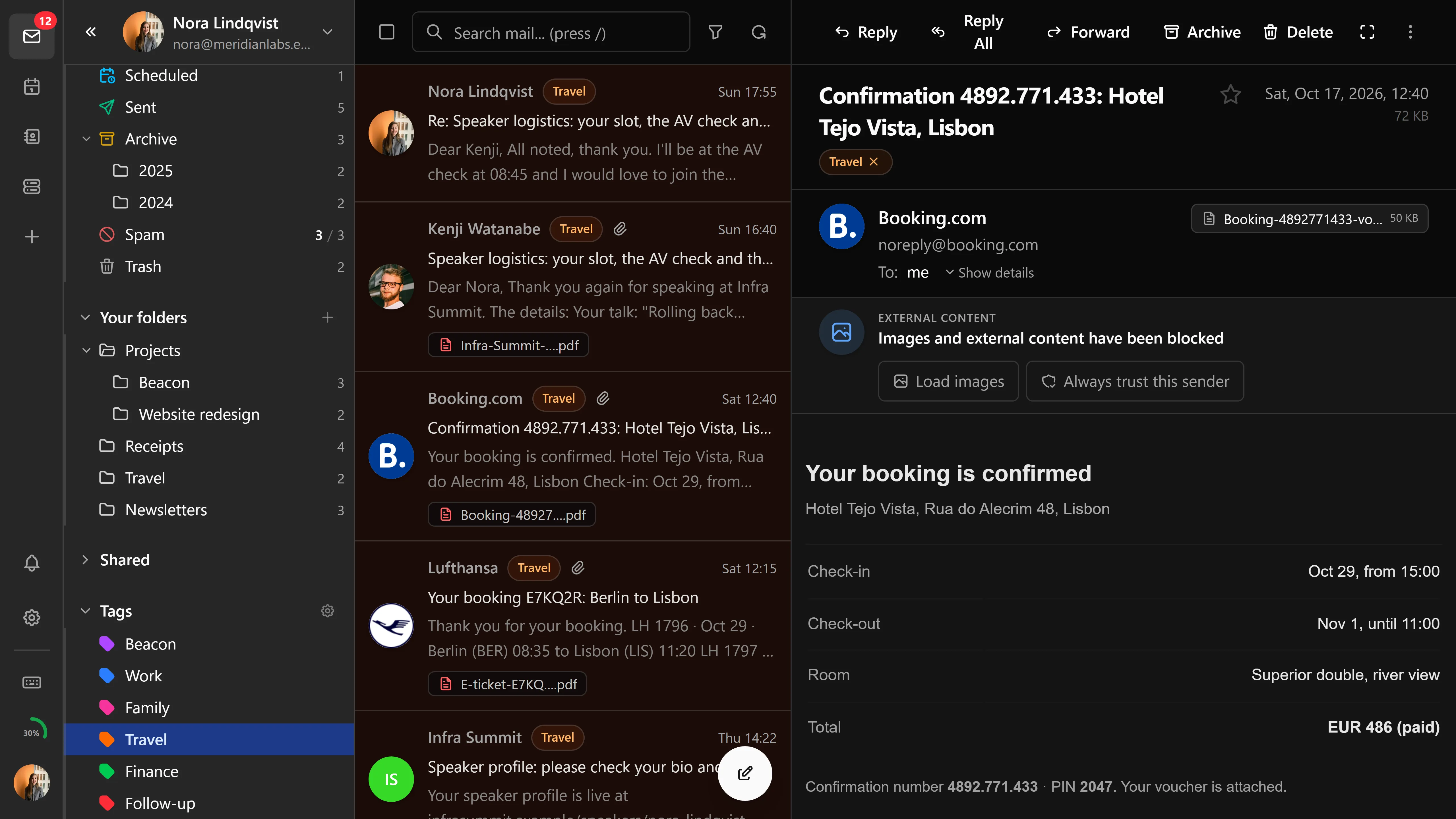 The Travel tag selected in the sidebar, with the tagged messages listed