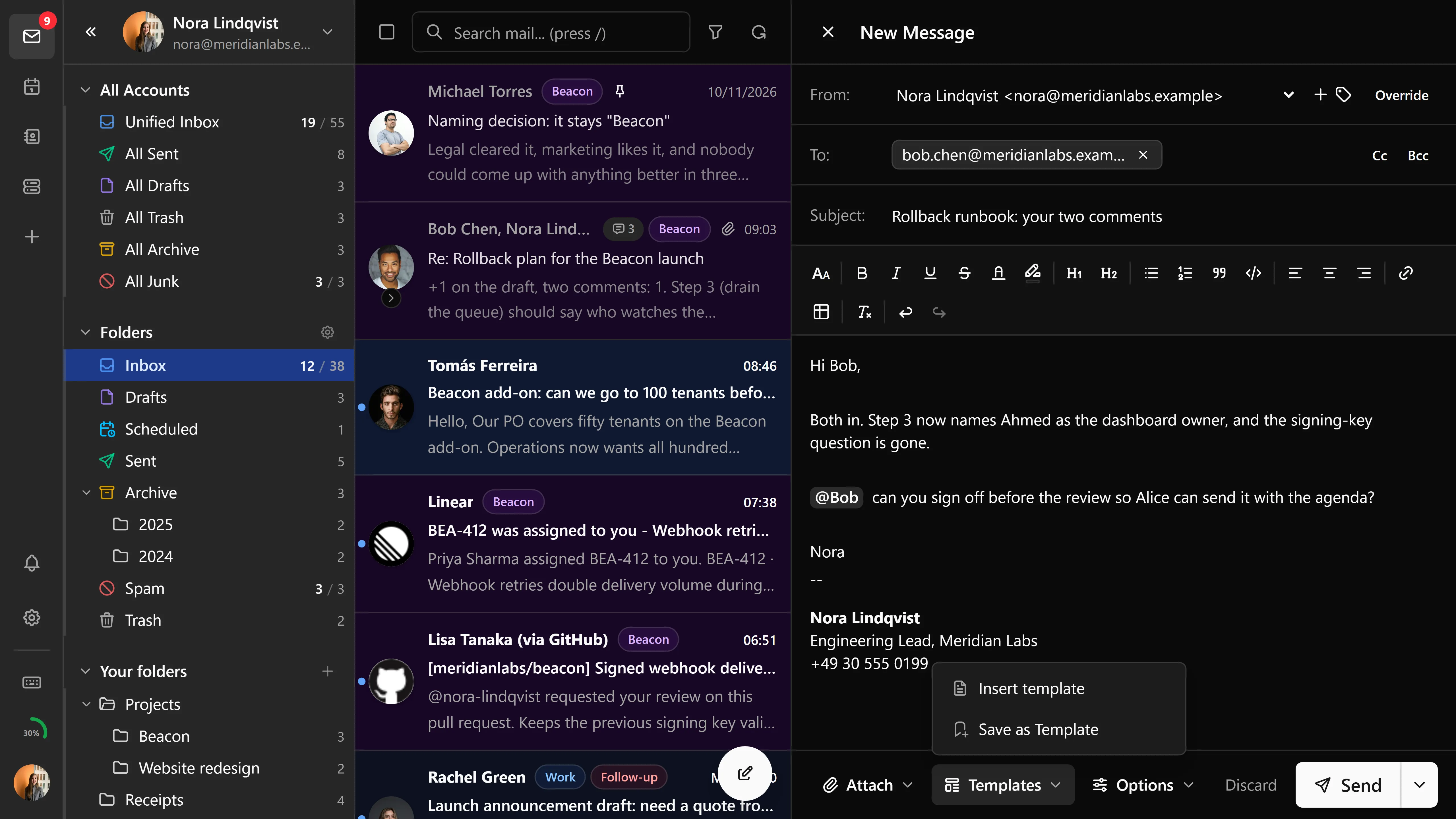 The Templates menu in the composer
