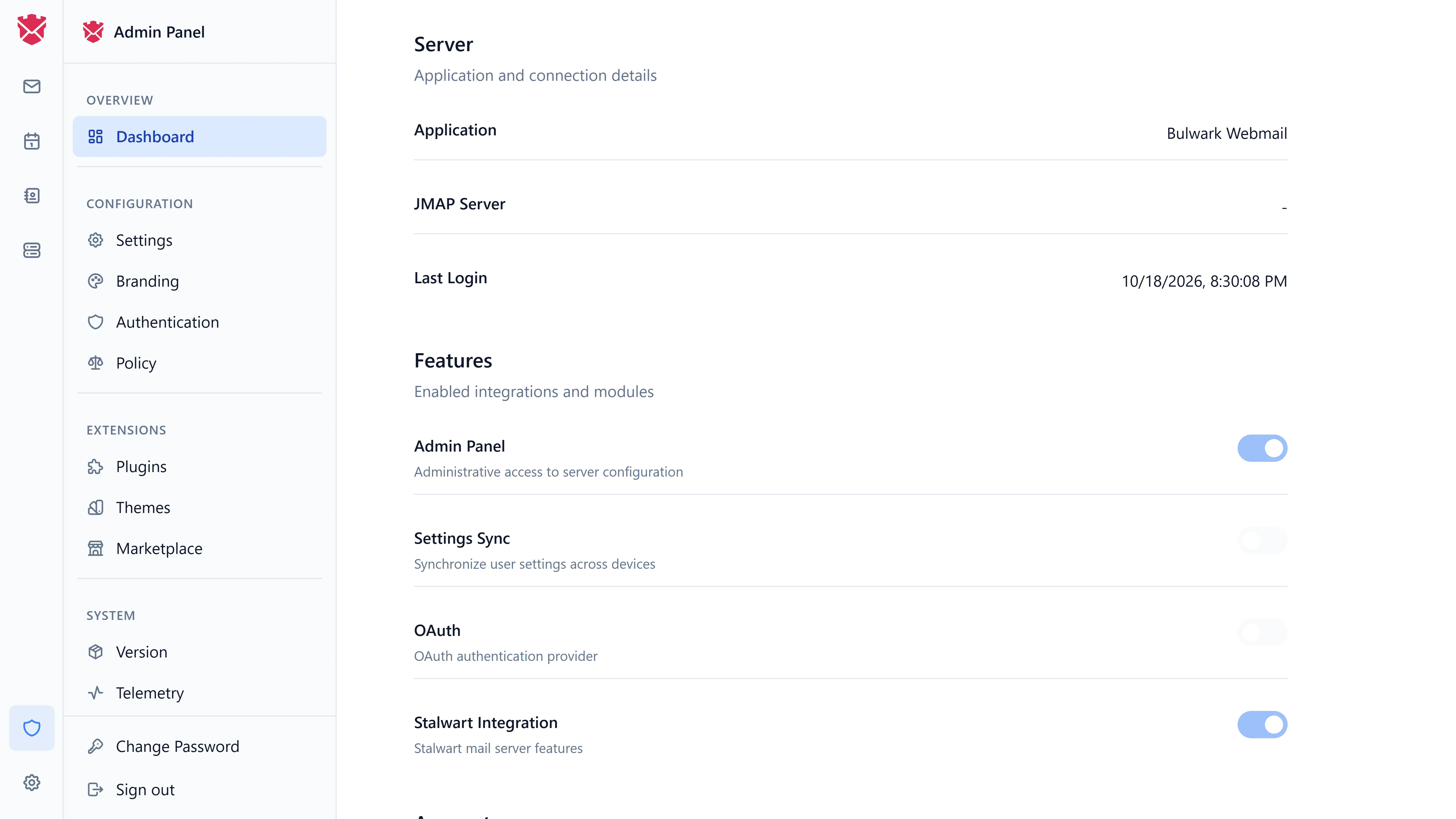 The admin dashboard: server details and enabled features, with the section list on the left