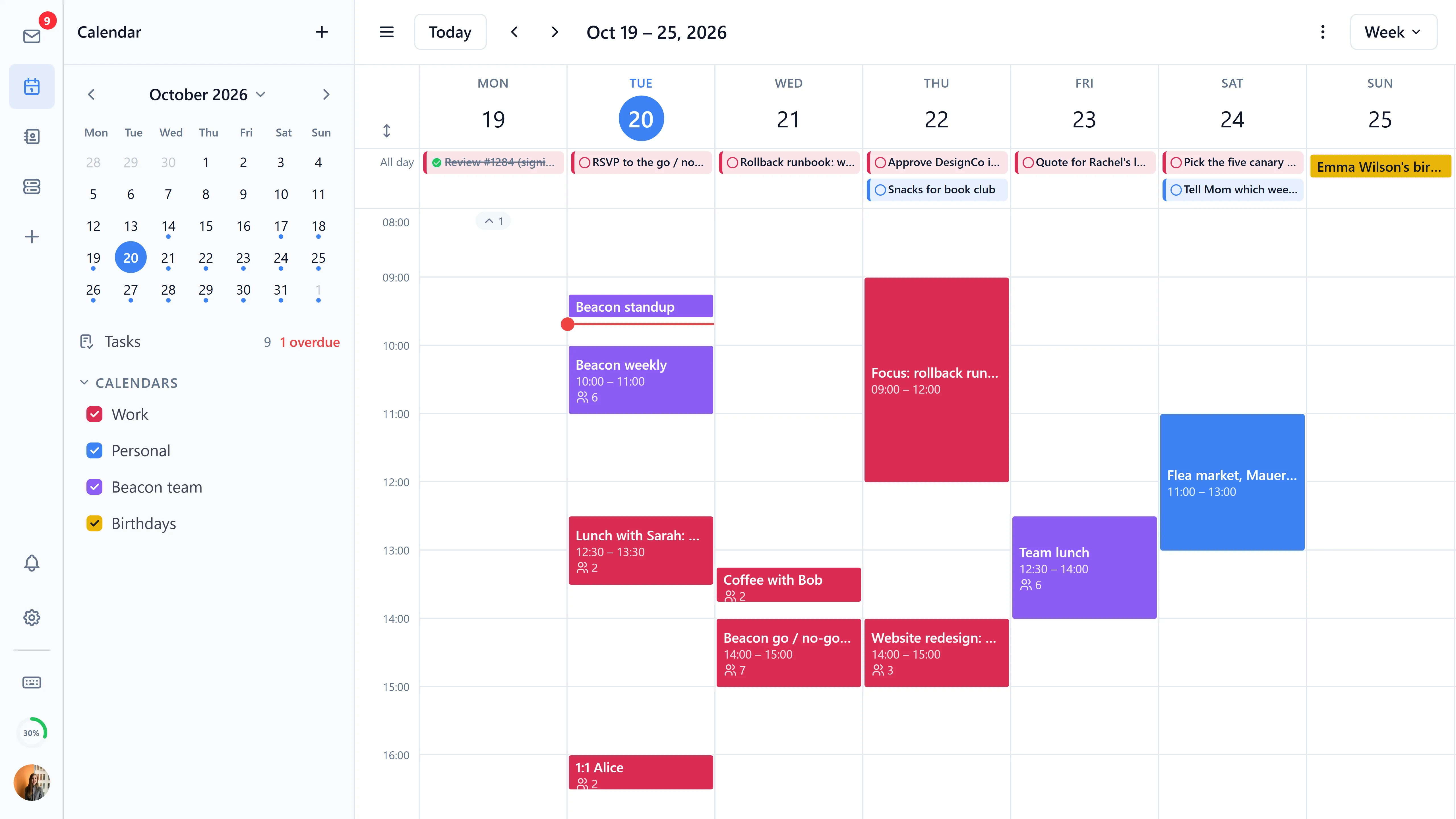 The week view with events from several calendars and the day's tasks