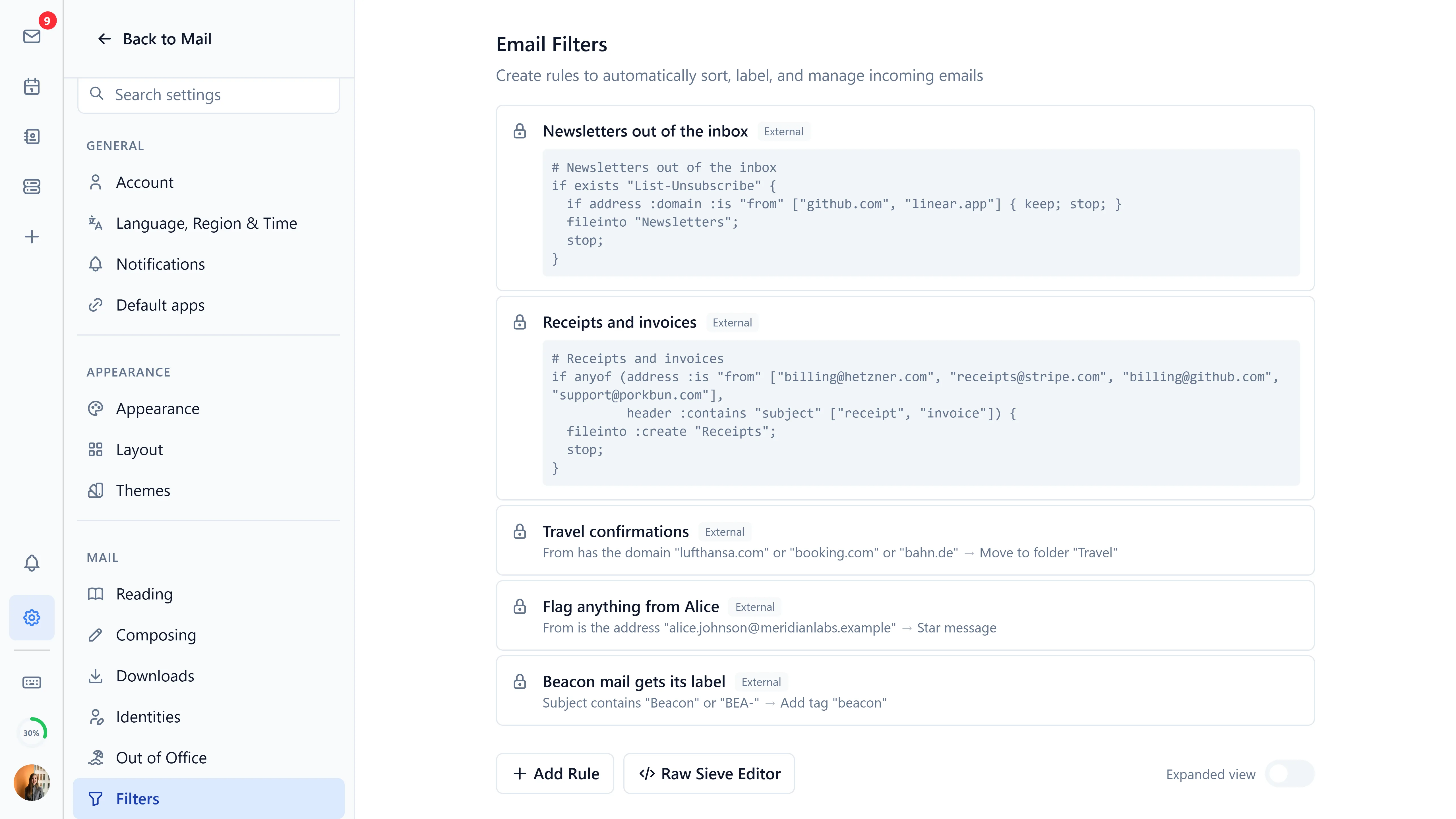 The filter settings with the active Sieve rules