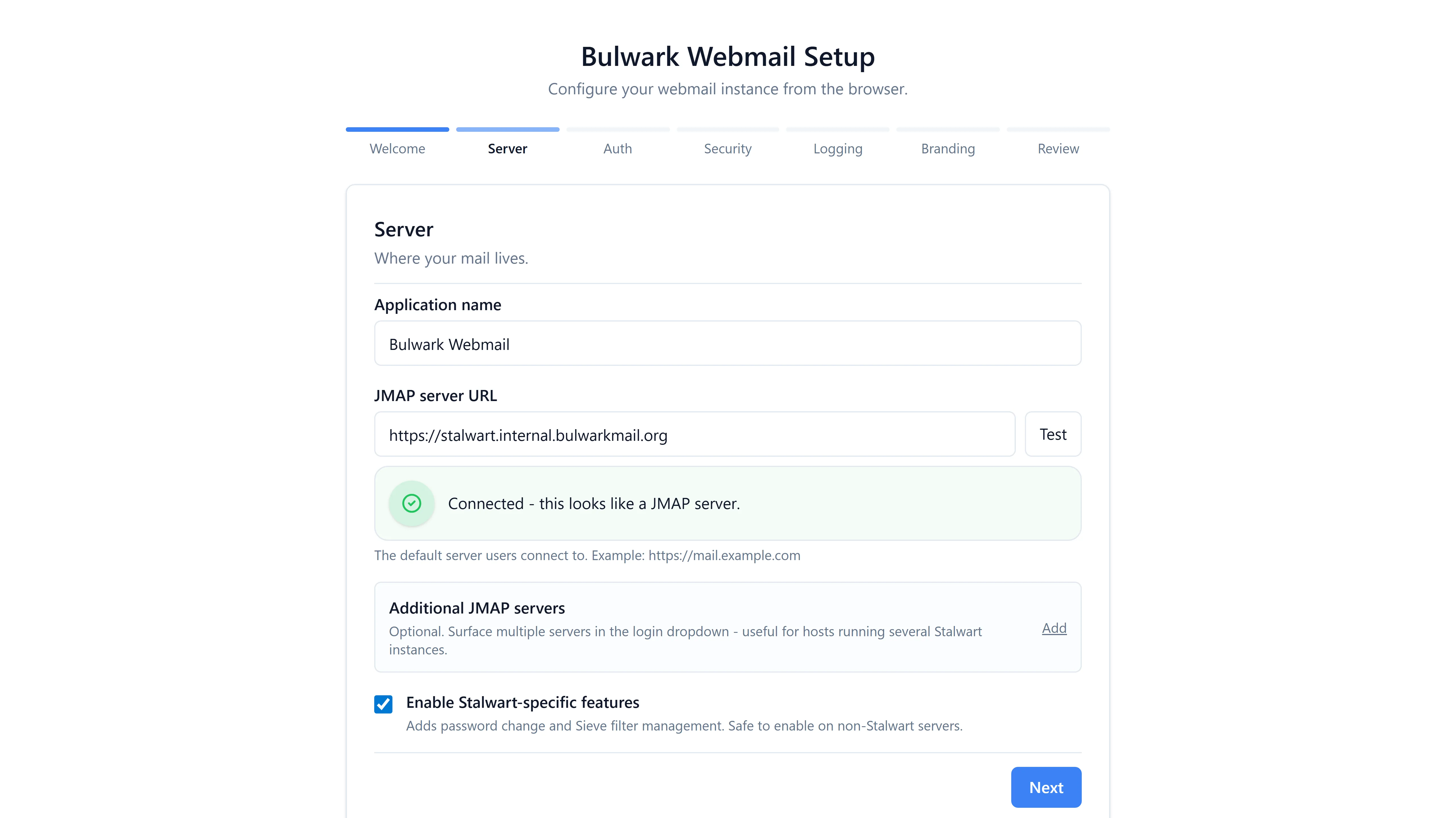 The setup wizard's server step, with the connection test passed