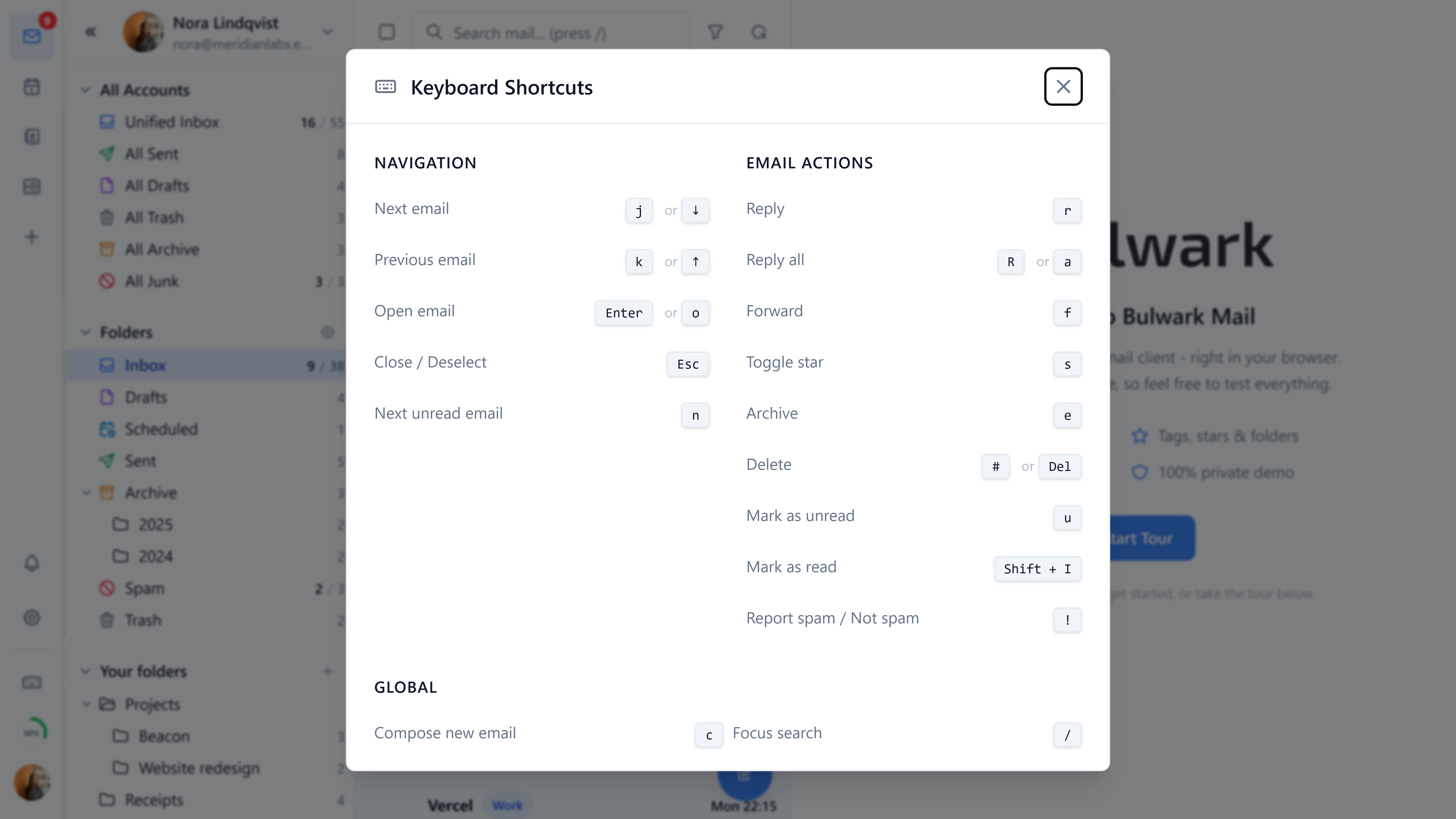 The keyboard shortcuts overlay, opened with ?