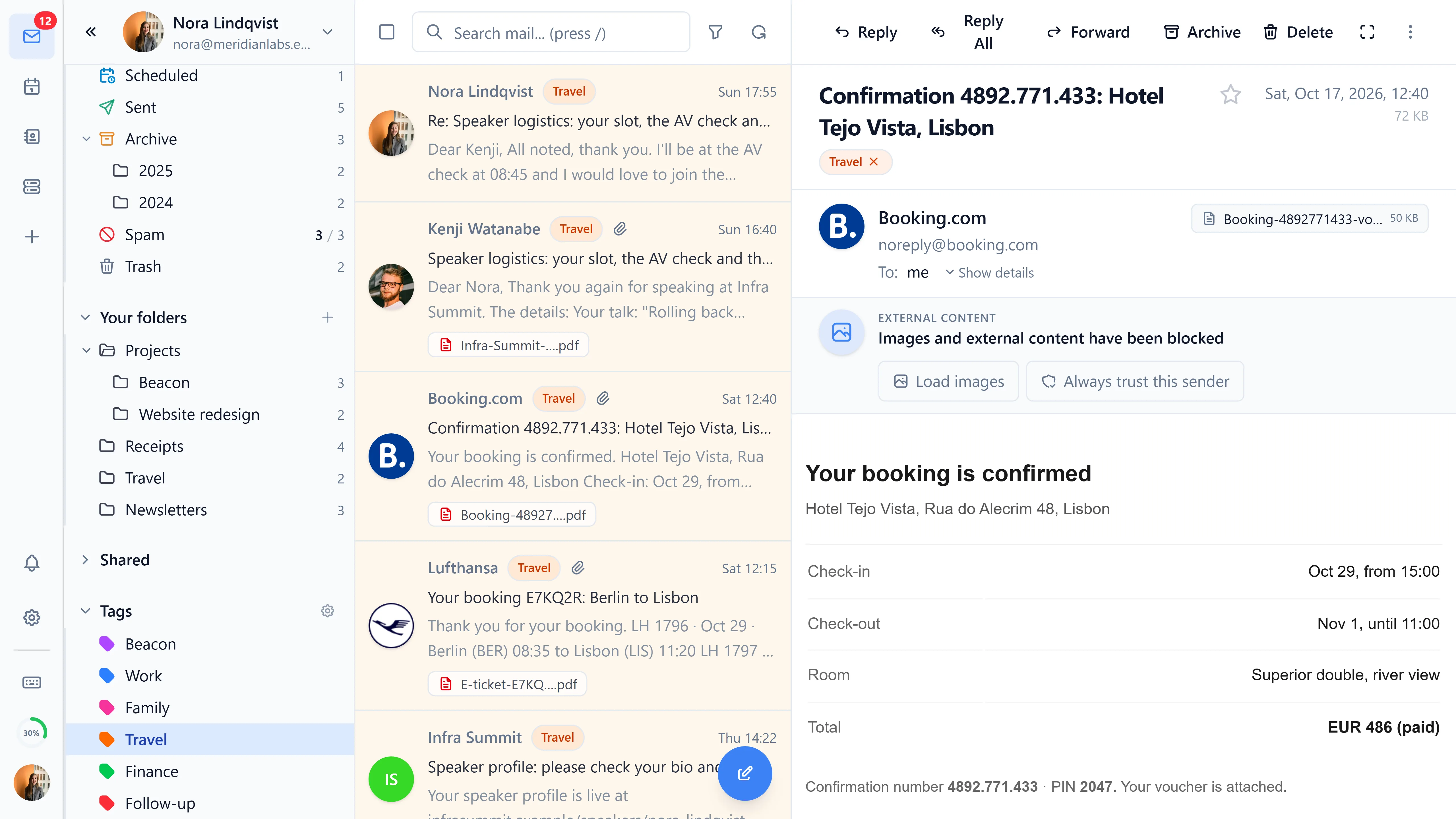 The Travel tag selected in the sidebar, with the tagged messages listed