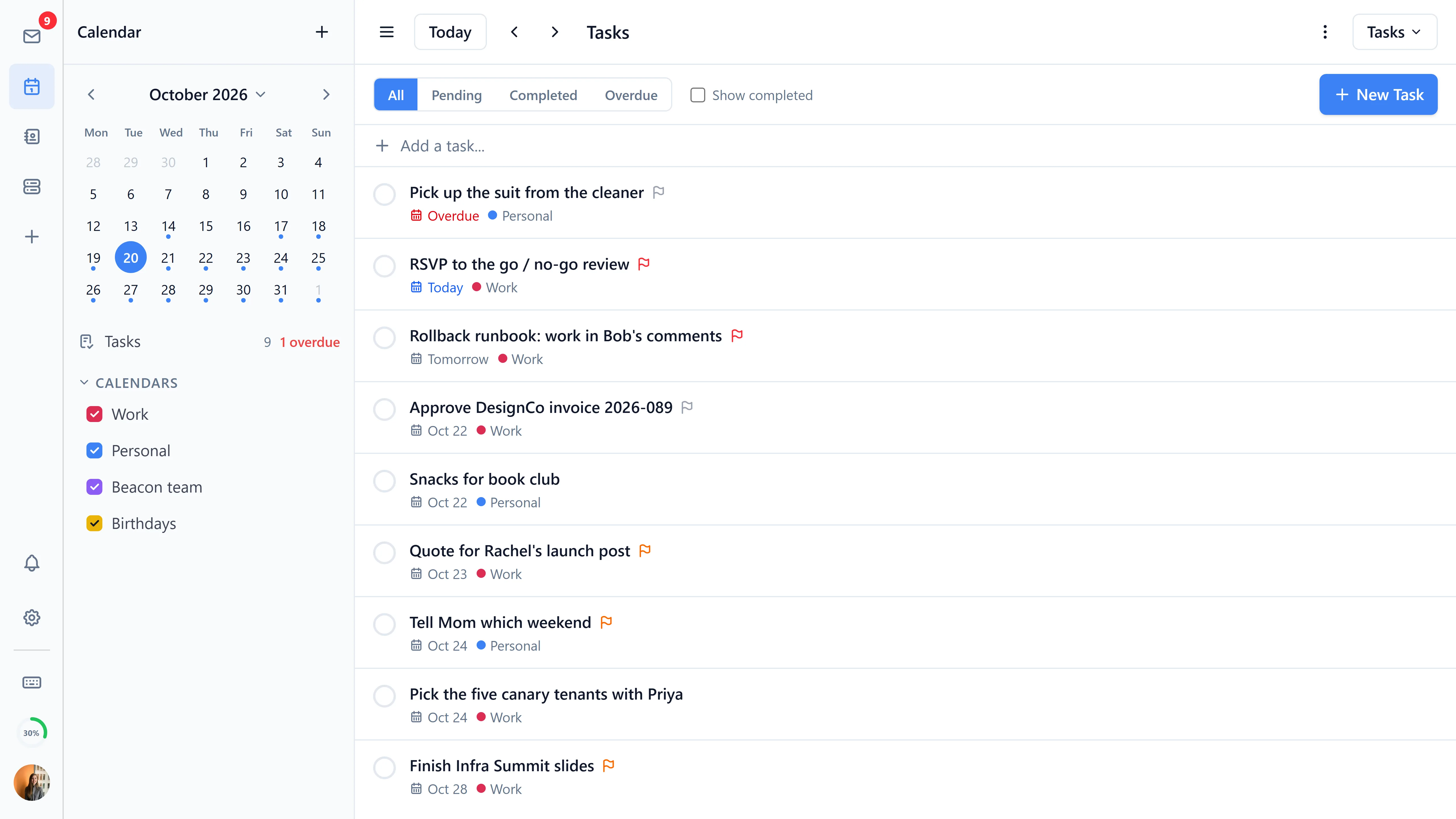 The task list with due dates and calendars