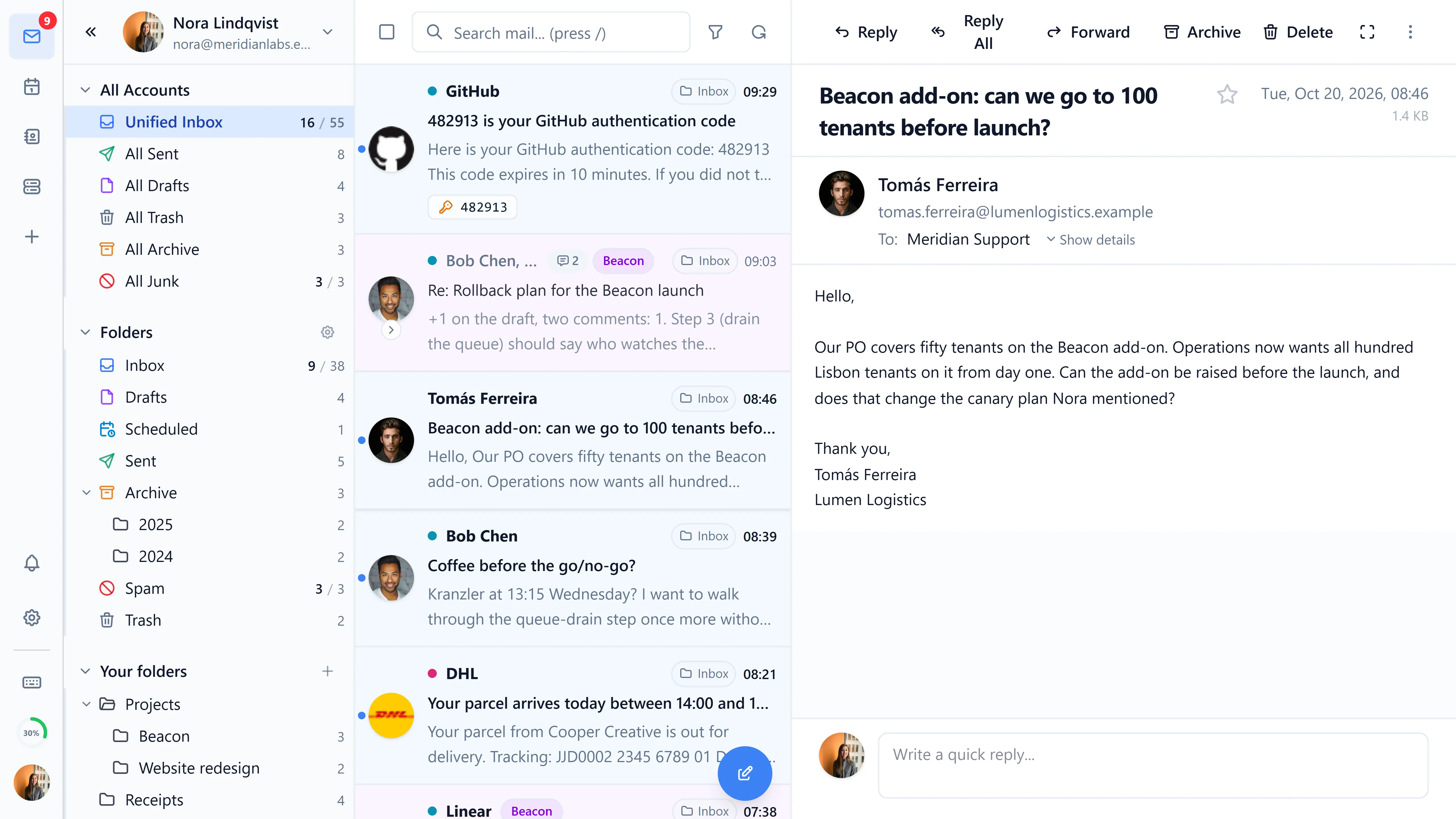 The unified inbox: mail from both accounts and the shared mailbox in one list